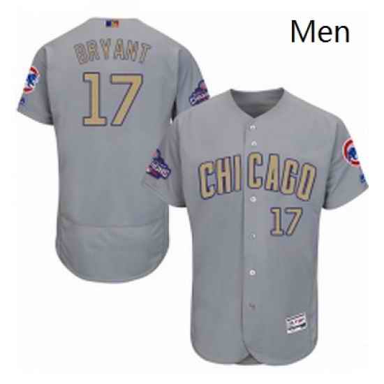 Mens Majestic Chicago Cubs 17 Kris Bryant Authentic Gray 2017 Gold Champion Flex Base MLB Jersey